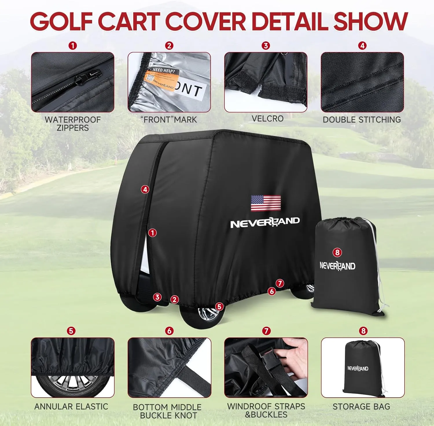 NEVERLAND Golf Cart Cover - Waterproof Golf Cart Covers - Fits for Yamaha Golf Carts EZ GO Club Car - Outdoor Windproof Sunproof