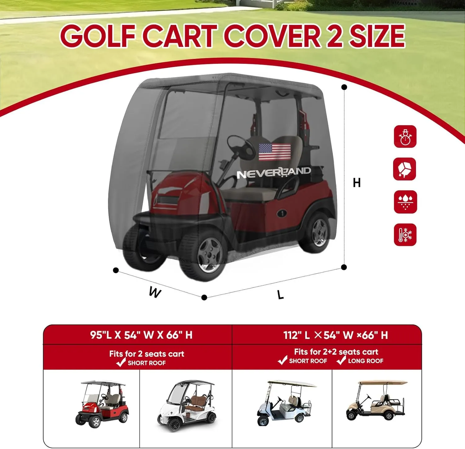 NEVERLAND Golf Cart Cover - Waterproof Golf Cart Covers - Fits for Yamaha Golf Carts EZ GO Club Car - Outdoor Windproof Sunproof