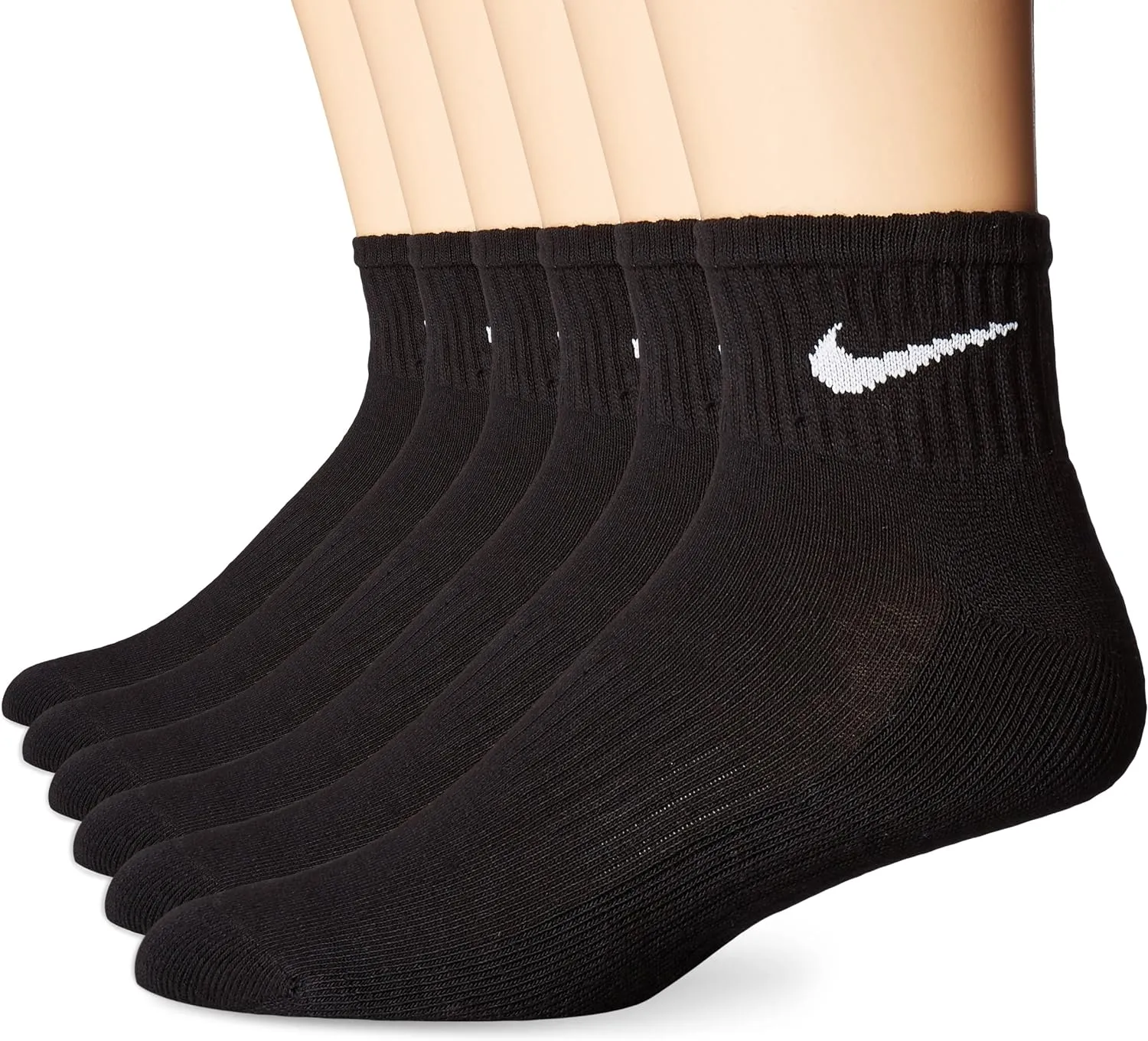 NIKE Unisex Performance Cushion Quarter Socks with Bag (6 Pairs), Black/White, Large