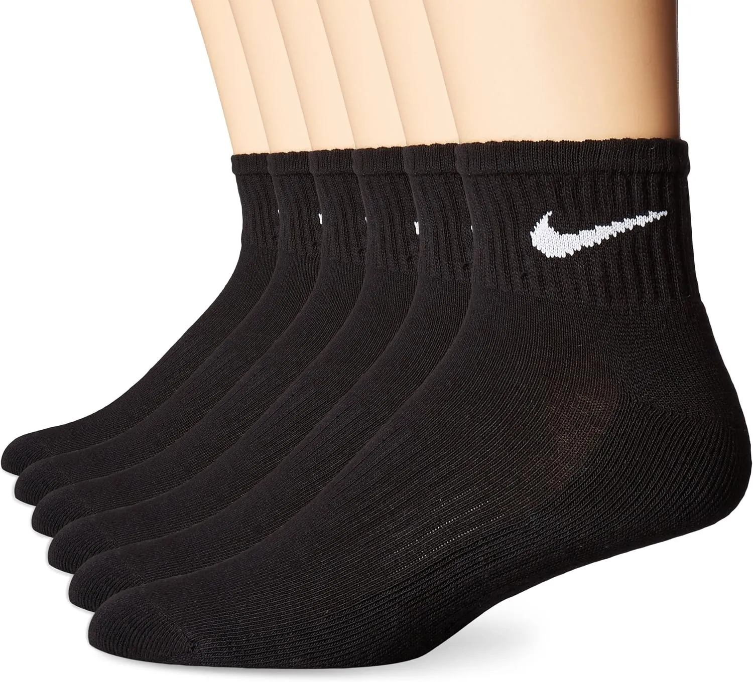 NIKE Unisex Performance Cushion Quarter Socks with Bag (6 Pairs), Black/White, Medium