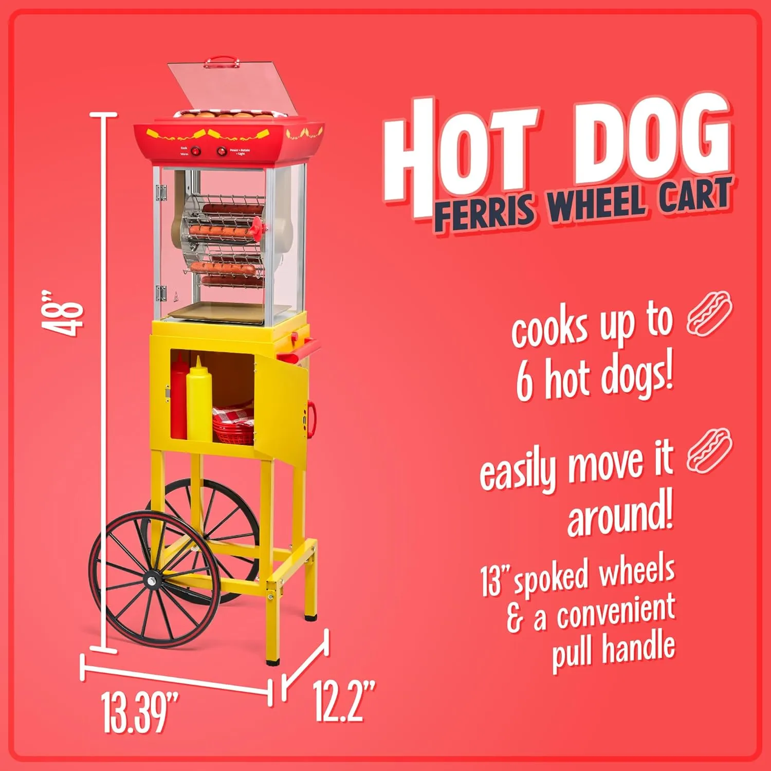 Nostalgia Oscar Mayer Hot Dog Ferris Wheel - Retro Style Hot Dog Roller Cart Toaster - Classic 6-Piece Grill Machine with Bun Warmer, Push Handle, Wheels, Transparent Housing, Storage Compartment