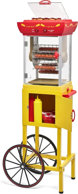 Nostalgia Oscar Mayer Hot Dog Ferris Wheel - Retro Style Hot Dog Roller Cart Toaster - Classic 6-Piece Grill Machine with Bun Warmer, Push Handle, Wheels, Transparent Housing, Storage Compartment