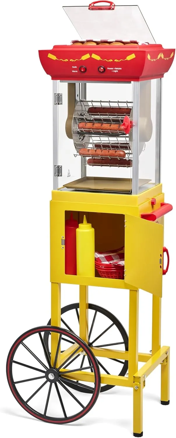 Nostalgia Oscar Mayer Hot Dog Ferris Wheel - Retro Style Hot Dog Roller Cart Toaster - Classic 6-Piece Grill Machine with Bun Warmer, Push Handle, Wheels, Transparent Housing, Storage Compartment