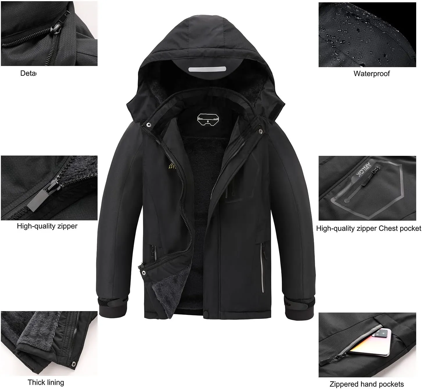 OHSNMAKSL Boy's Waterproof Ski Jacket Warm Winter Snow Coat Kids Fleece Snowboarding Jackets Thick Hooded Windproof Coats