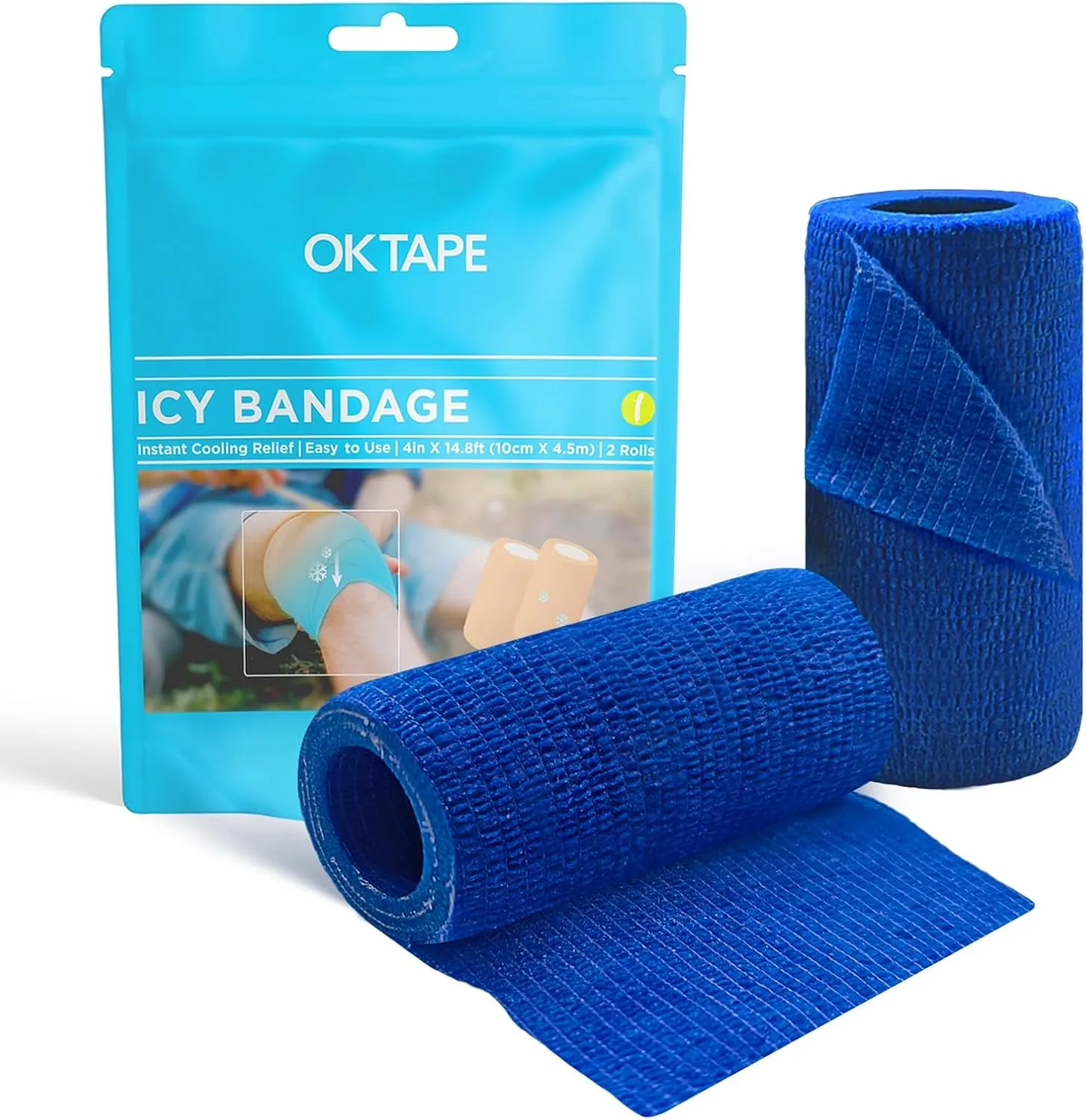 OK TAPE Ice Self Stick Bandage Wrap, Instant Cold Relief for Knee, Ankle, Wrist, Cold Compress Elastic Athletic Tape for Sports Injuries No Refrigeration Needed, 4 Inch x 15 Feet, 2 Rolls, Navy Blue