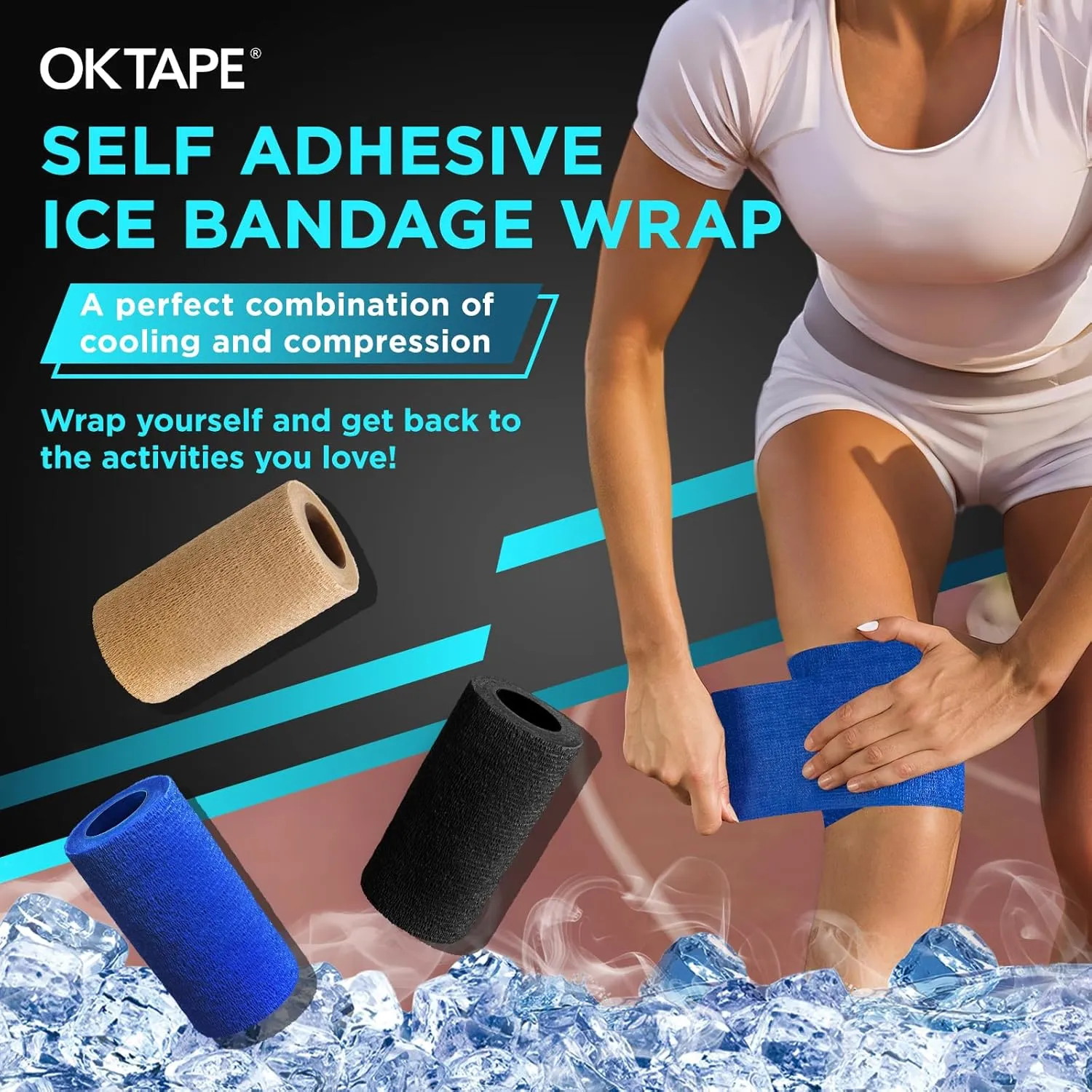 OK TAPE Ice Self Stick Bandage Wrap, Instant Cold Relief for Knee, Ankle, Wrist, Cold Compress Elastic Athletic Tape for Sports Injuries No Refrigeration Needed, 4 Inch x 15 Feet, 2 Rolls, Navy Blue