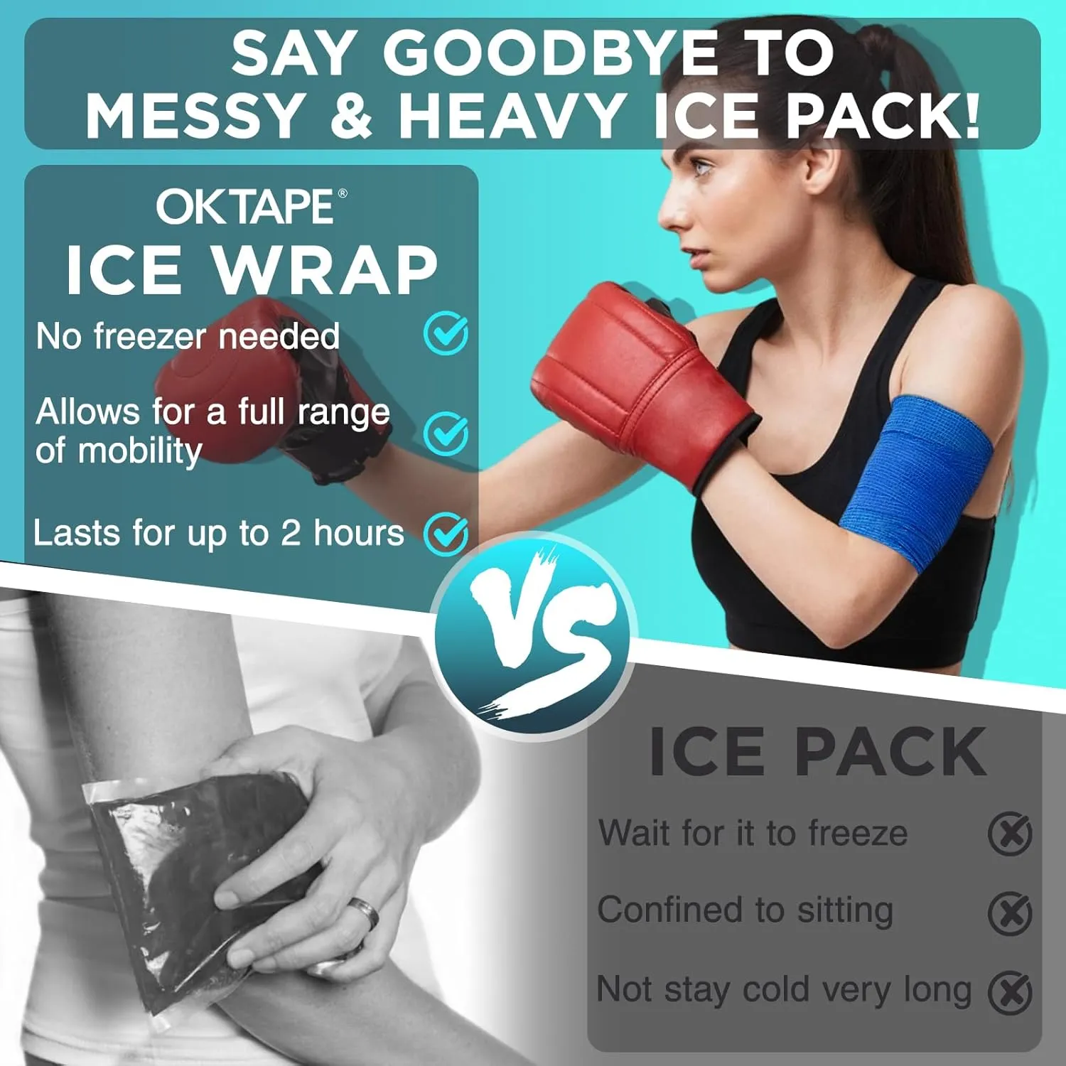 OK TAPE Ice Self Stick Bandage Wrap, Instant Cold Relief for Knee, Ankle, Wrist, Cold Compress Elastic Athletic Tape for Sports Injuries No Refrigeration Needed, 4 Inch x 15 Feet, 2 Rolls, Navy Blue
