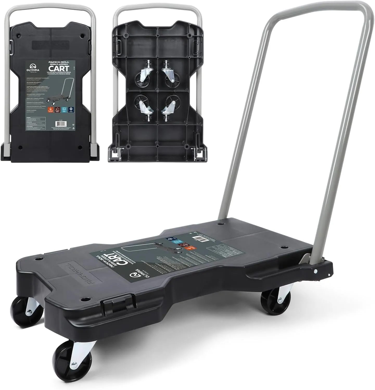 Olympia Tools Fully Folded Resin Push Cart Dolly - 330 Lb. Loading Capacity Foldable Moving Platform Cart Hand Truck - Black Collapsible Heavy Duty Folding & Rolling Flatbed Cart with 4 Swivel Wheels