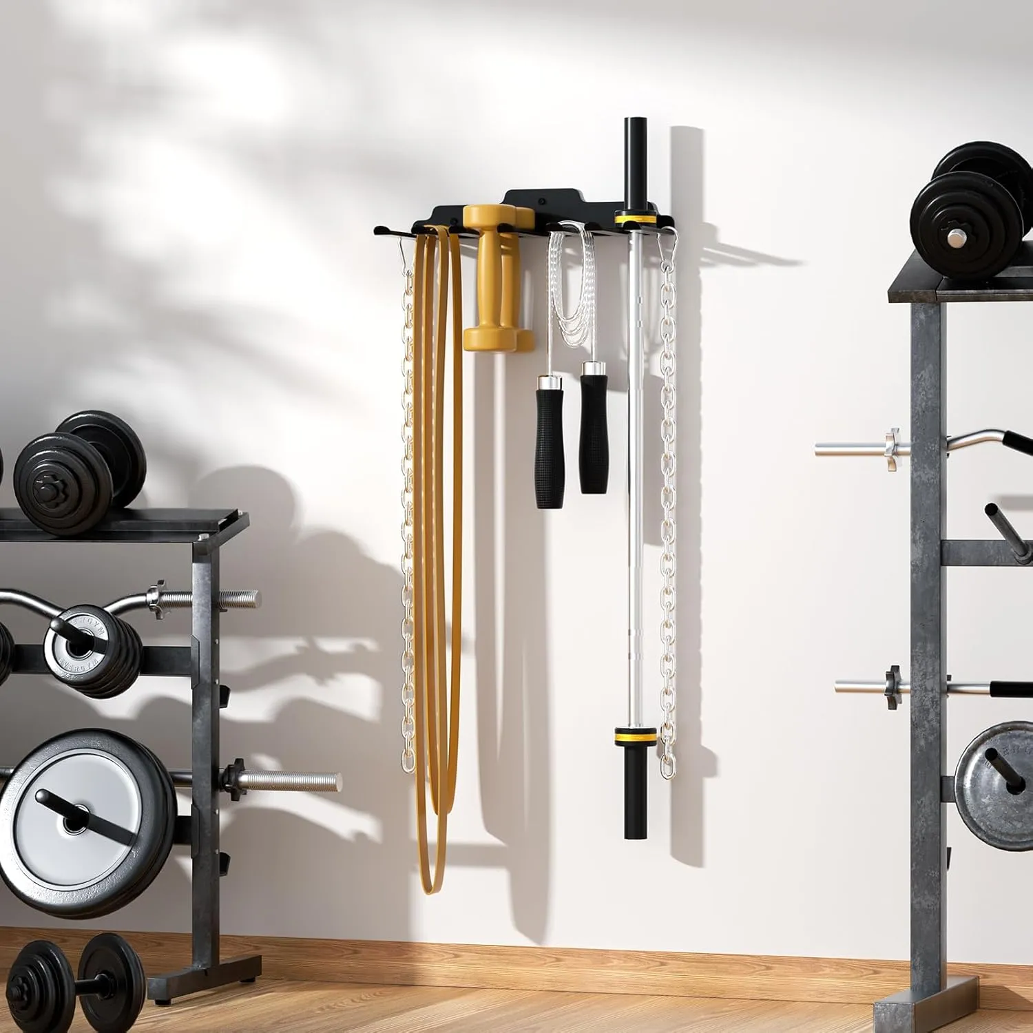 Olympic Barbell Hanger,Garage Gym Bar Wall Rack,Vertical Barbell Mount Rack,Black Powder Coated,Space Saving Commercial or Home Gym Accessory,Holds Under 33mm Bar Size