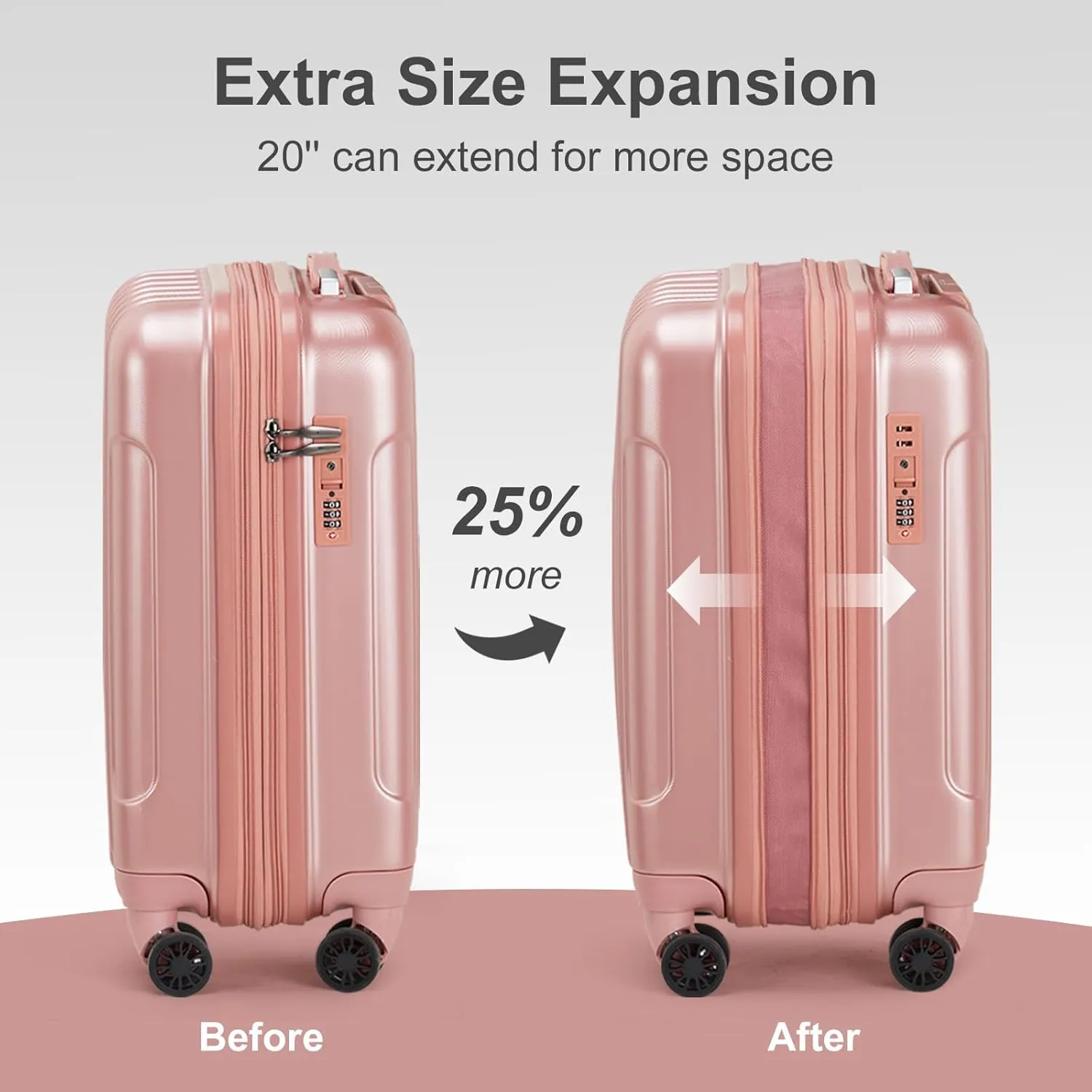 OmySalon Luggage Sets 2 Pieces Airline Approved, 14'' Carry-On Suitcase & 20'' PC ABS Hardshell Luggage w/ 360° Spinner Silent Wheels, TSA Lock, Expandable Lightweight Suitcase Sets (Rose Gold)