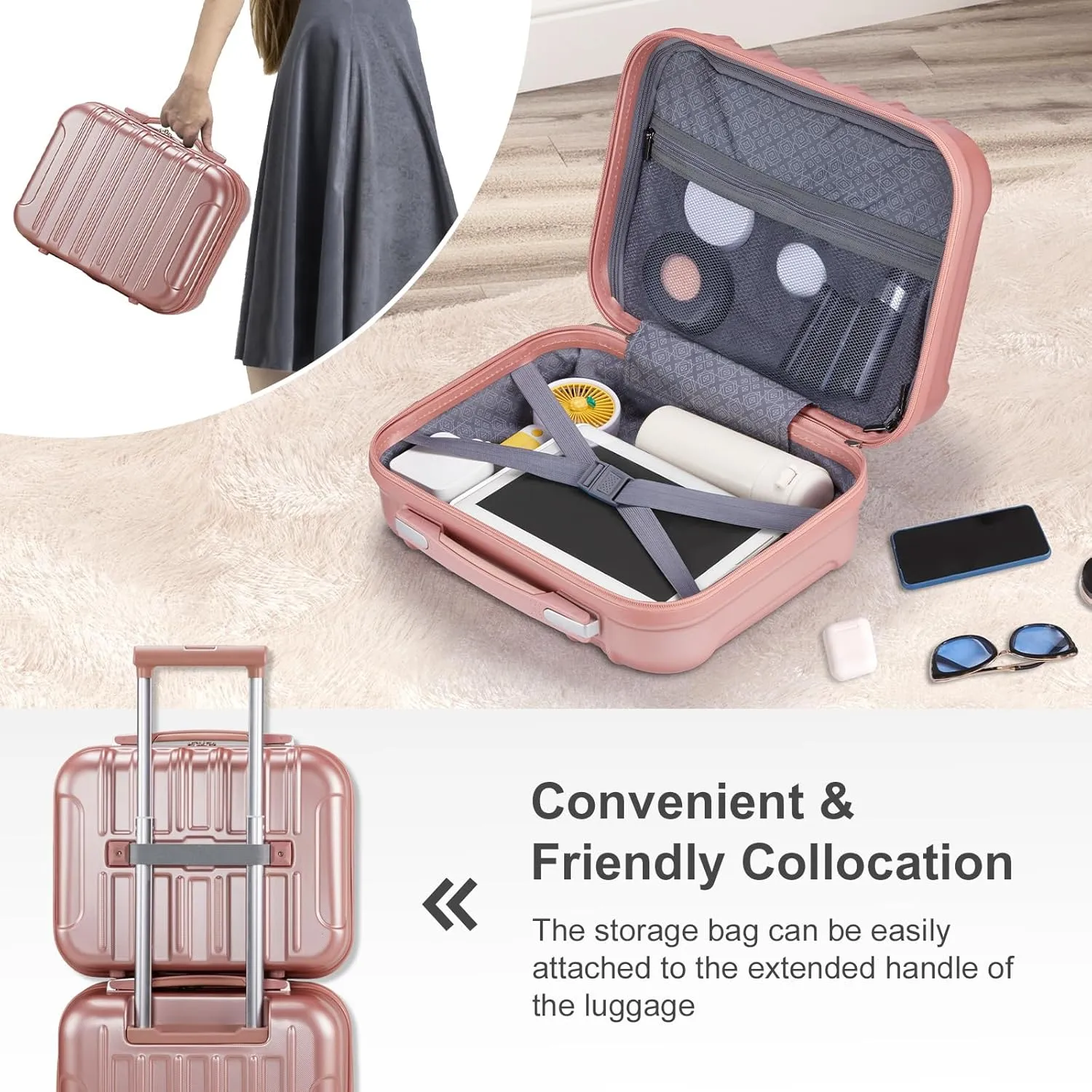 OmySalon Luggage Sets 2 Pieces Airline Approved, 14'' Carry-On Suitcase & 20'' PC ABS Hardshell Luggage w/ 360° Spinner Silent Wheels, TSA Lock, Expandable Lightweight Suitcase Sets (Rose Gold)