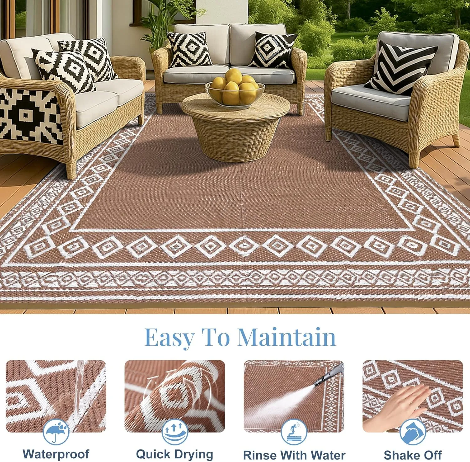 OPPODREAM Outdoor Rug 5x8 Ft, Waterproof Outdoor Plastic Straw Rug for Patio, Reversible Out Door Carpet for Camping, Deck, Rv, 5 x 8 Area Carpet for Balcony, Porch, Backyard, White & Brown