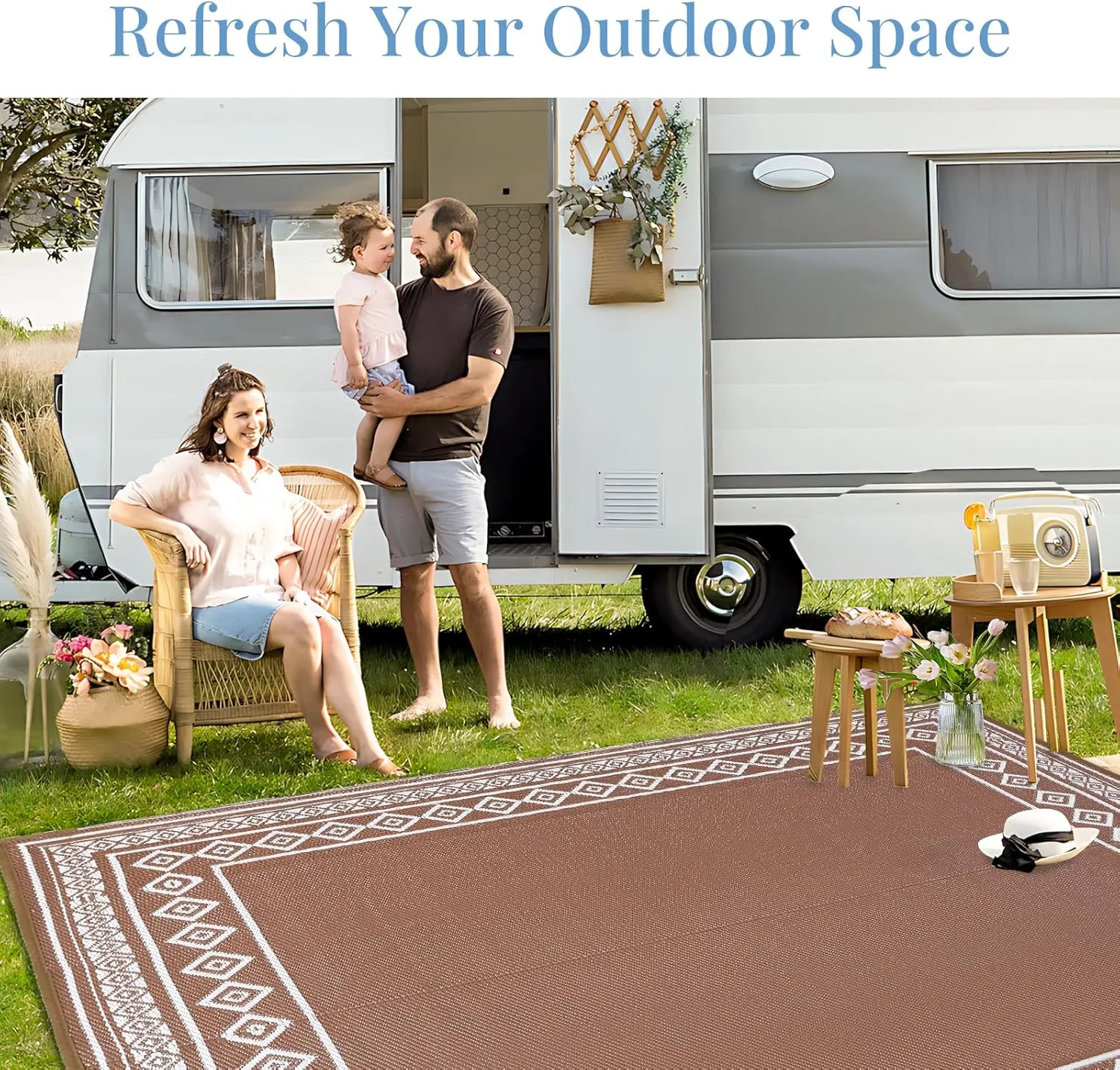 OPPODREAM Outdoor Rug 5x8 Ft, Waterproof Outdoor Plastic Straw Rug for Patio, Reversible Out Door Carpet for Camping, Deck, Rv, 5 x 8 Area Carpet for Balcony, Porch, Backyard, White & Brown