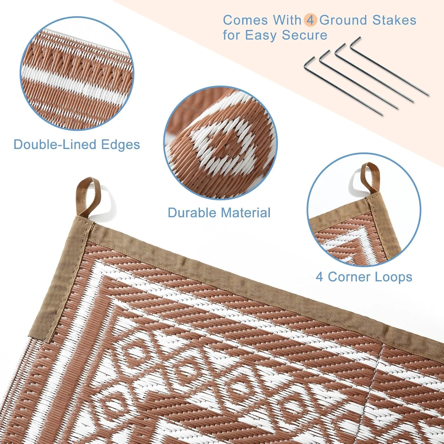 OPPODREAM Outdoor Rug 5x8 Ft, Waterproof Outdoor Plastic Straw Rug for Patio, Reversible Out Door Carpet for Camping, Deck, Rv, 5 x 8 Area Carpet for Balcony, Porch, Backyard, White & Brown