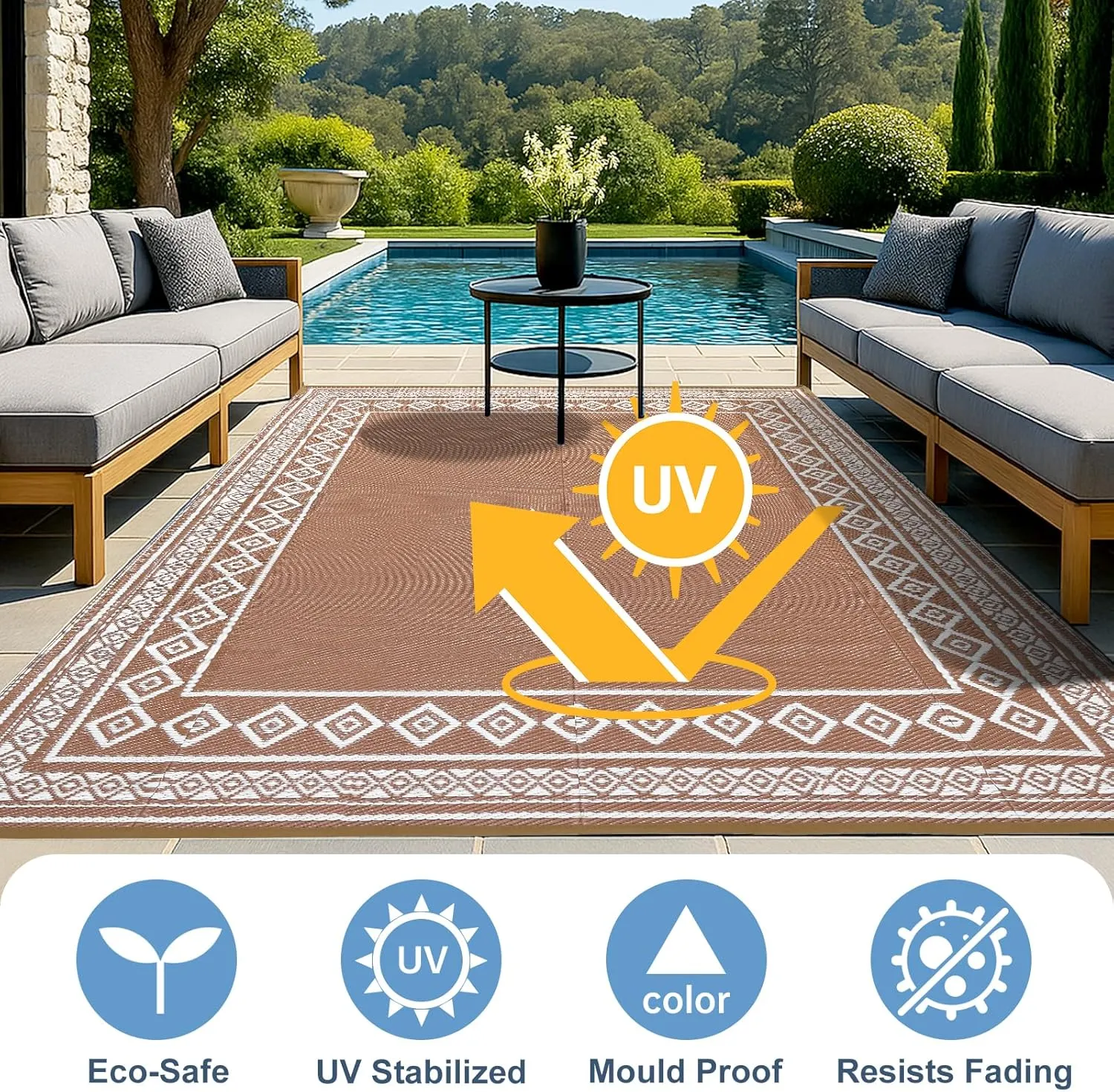 OPPODREAM Outdoor Rug 5x8 Ft, Waterproof Outdoor Plastic Straw Rug for Patio, Reversible Out Door Carpet for Camping, Deck, Rv, 5 x 8 Area Carpet for Balcony, Porch, Backyard, White & Brown