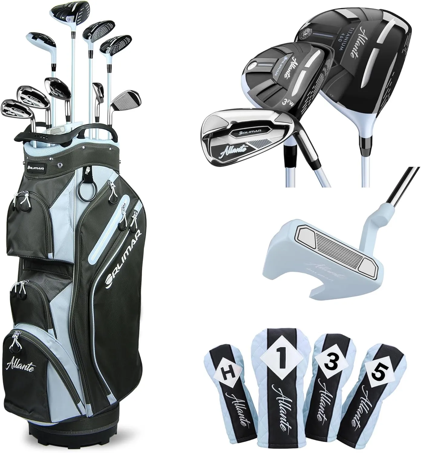 Orlimar Allante Women’s Complete Golf Club Package Set, Right/Left Handed Includes Titanium Driver, Fairway Woods, Hybrid, Irons, Mallet Putter, Cart Bag, 4 Head Covers