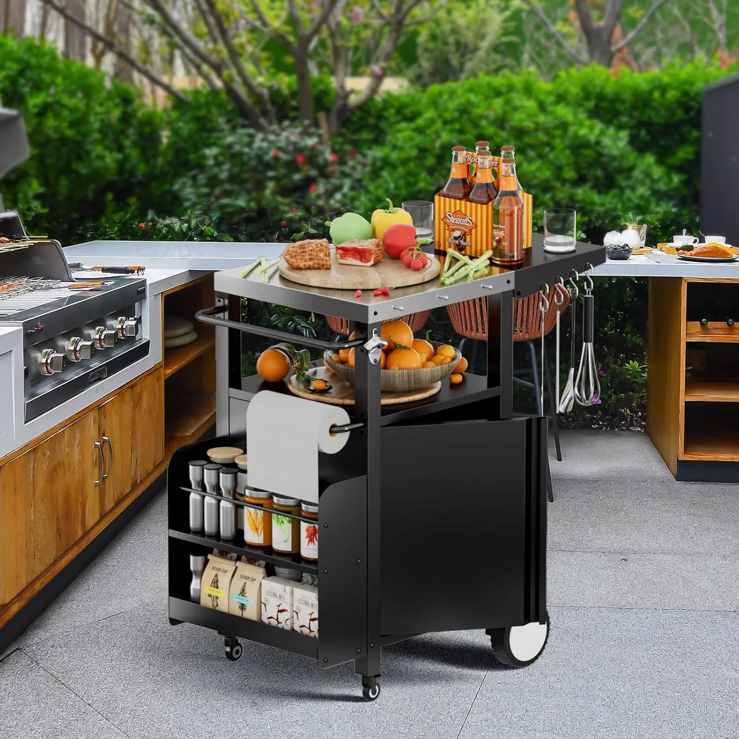 Outdoor Grill Cart with Storage,Movable Modular BBQ Cart,Waterproof Patio Kitchen Island with Hooks and Spice Rack,Bar Patio Kitchen Island Prep Stand Cabinet with Cover