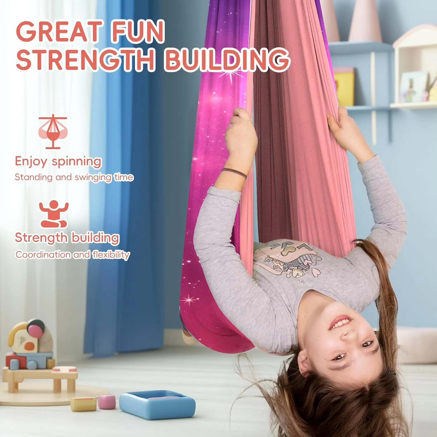 OUTREE Sensory Swing for Kids is Equipped with 360° Swivel Hanger Kit and Adjustable Straps.A Starry-Sky Printed Double-Layered Hammock, an Autism Sensory Product Ideal for Children,Pink