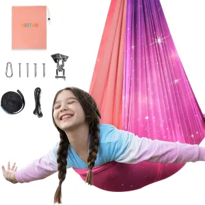 OUTREE Sensory Swing for Kids is Equipped with 360° Swivel Hanger Kit and Adjustable Straps.A Starry-Sky Printed Double-Layered Hammock, an Autism Sensory Product Ideal for Children,Pink