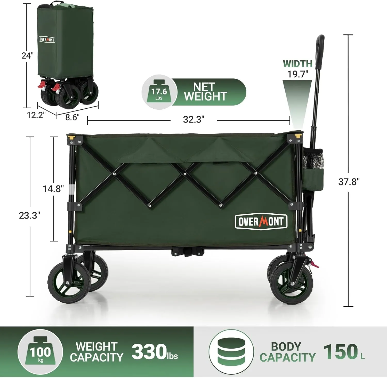 Overmont Ultra-Compact Collapsible Wagon Cart -150L Portable Folding Wagon with All-Terrain Wheels Utility for Beach, Grocery Shopping, Camping, and Gardening – 330lbs Load Capacity Green