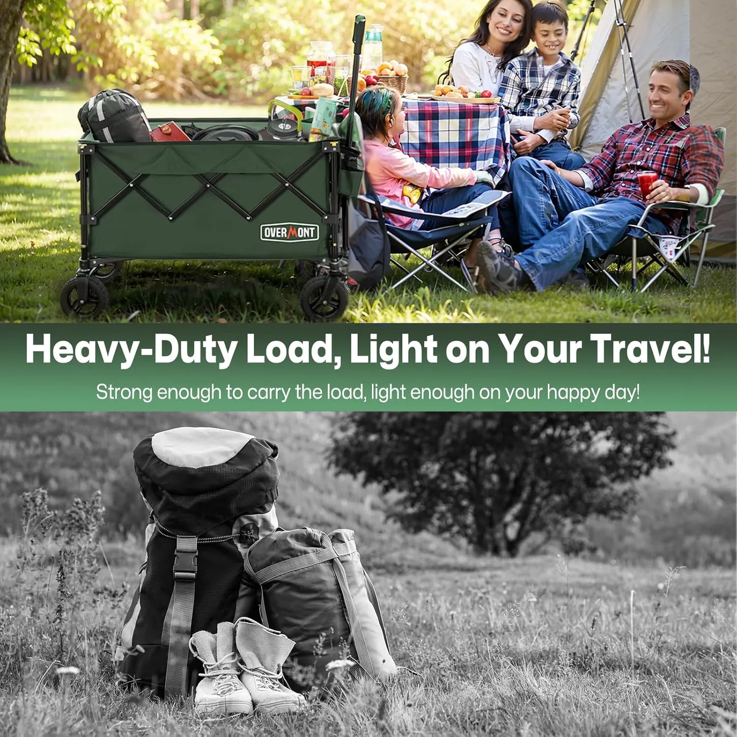 Overmont Ultra-Compact Collapsible Wagon Cart -150L Portable Folding Wagon with All-Terrain Wheels Utility for Beach, Grocery Shopping, Camping, and Gardening – 330lbs Load Capacity Green