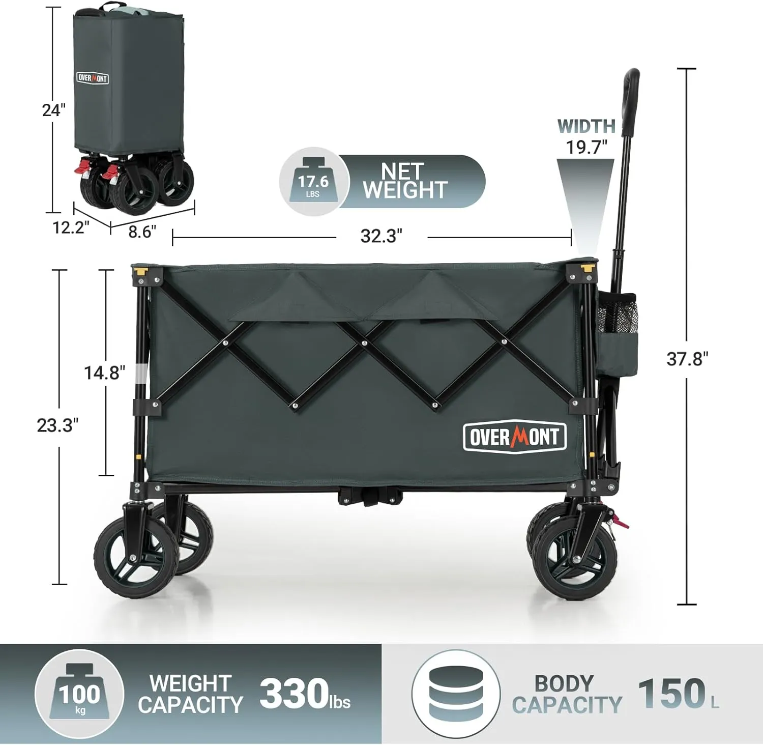 Overmont Ultra-Compact Collapsible Wagon Cart -150L Portable Folding Wagon with All-Terrain Wheels Utility for Beach, Grocery Shopping, Camping, and Gardening – 330lbs Load Capacity Grey