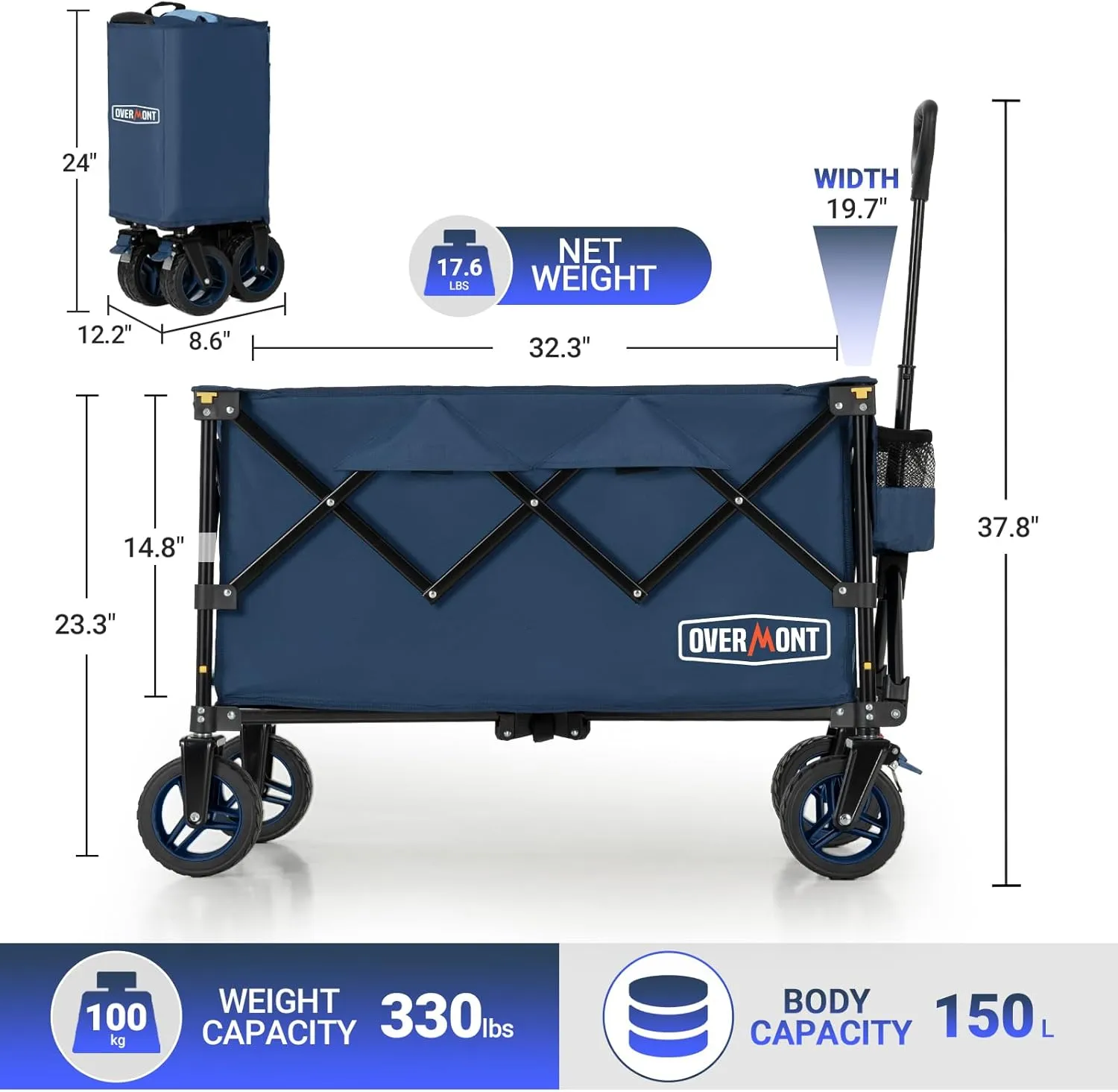 Overmont Ultra-Compact Collapsible Wagon Cart -150L Portable Folding Wagon with All-Terrain Wheels Utility for Beach, Grocery Shopping, Camping, and Gardening – 330lbs Load Capacity Navy