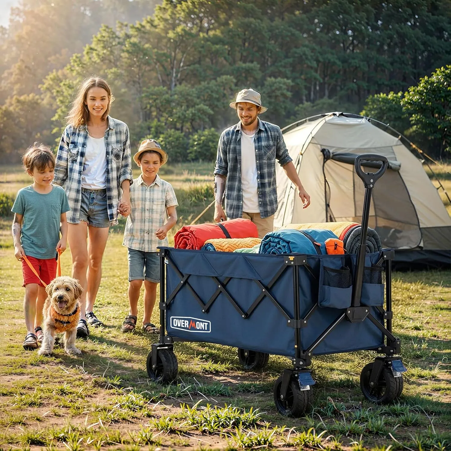 Overmont Ultra-Compact Collapsible Wagon Cart -150L Portable Folding Wagon with All-Terrain Wheels Utility for Beach, Grocery Shopping, Camping, and Gardening – 330lbs Load Capacity Navy