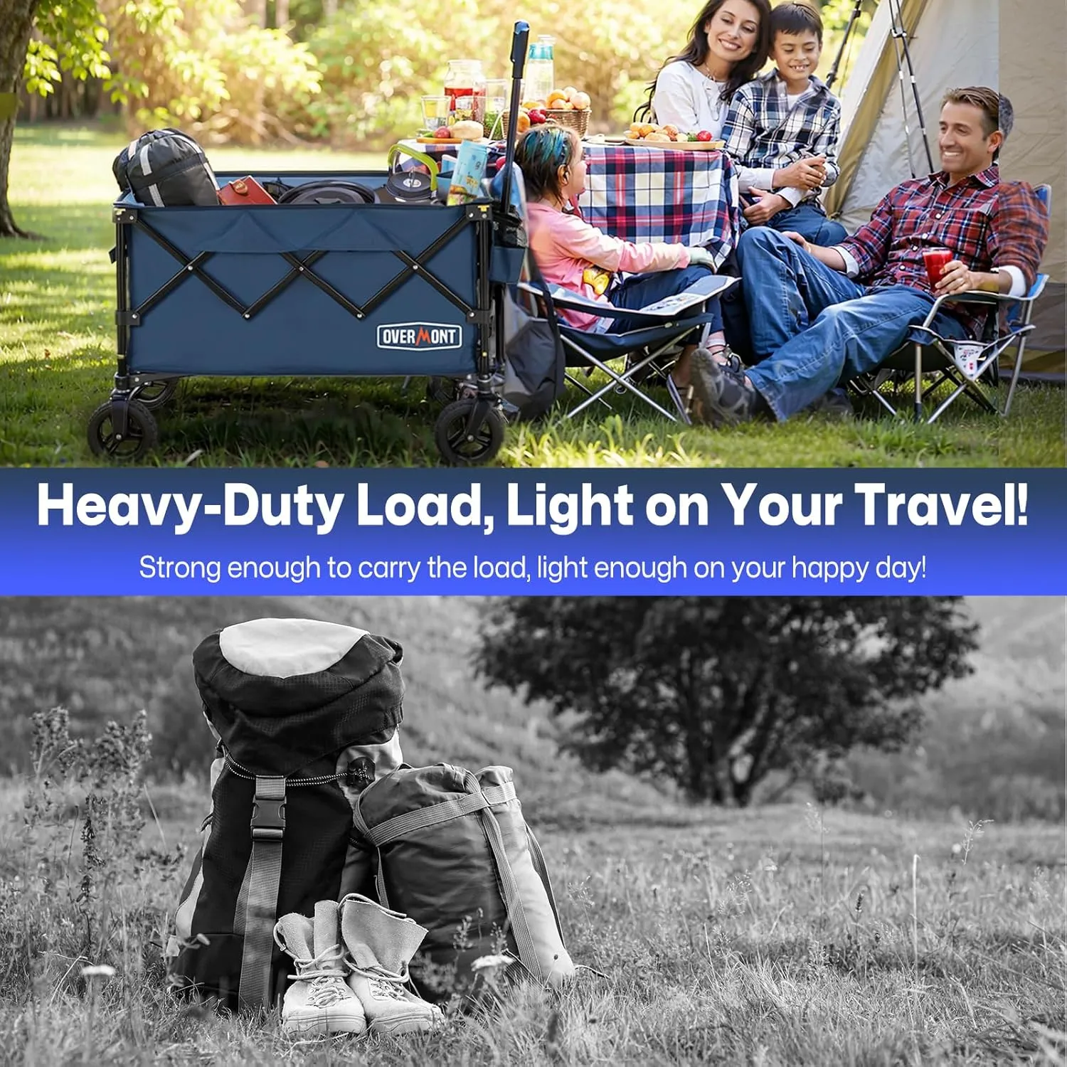 Overmont Ultra-Compact Collapsible Wagon Cart -150L Portable Folding Wagon with All-Terrain Wheels Utility for Beach, Grocery Shopping, Camping, and Gardening – 330lbs Load Capacity Navy