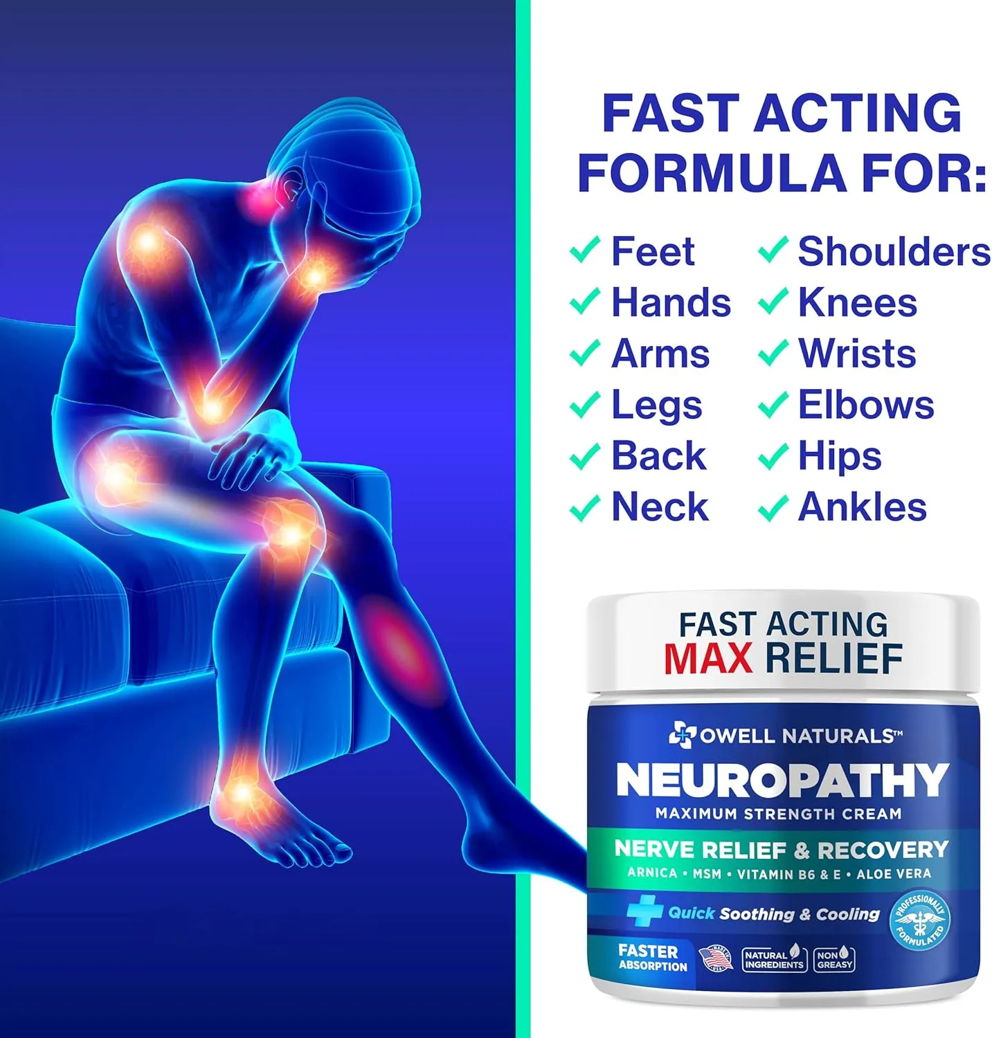 OWELL NATURALS Neuropathy Nerve Relief Cream 2 Fl Oz (Pack of 2) – Maximum Strength - Non Greasy, All Natural for Feet, Hands, Legs, Toes Discomfort Made in USA