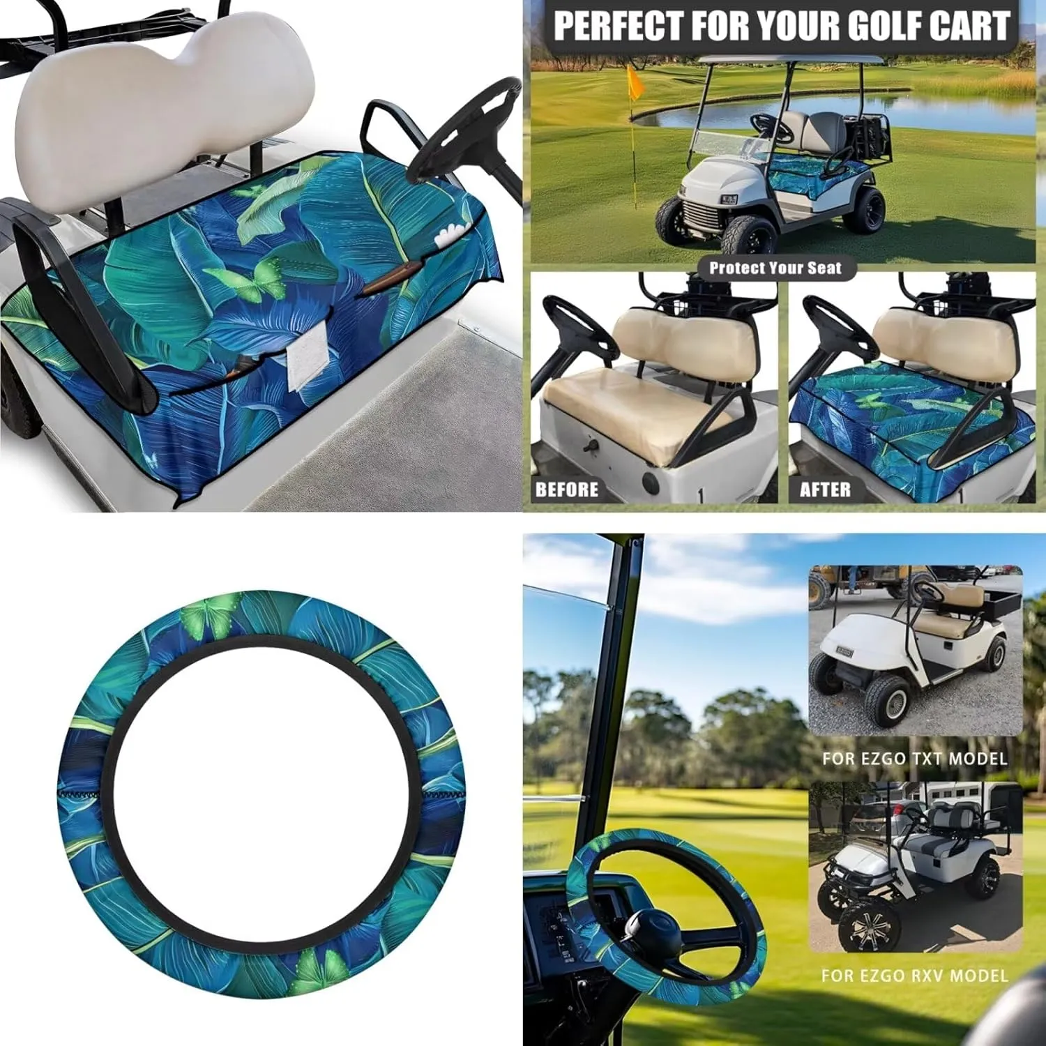 Palm Leaf Golf Cart Seat Protector & Steering Wheel Guard Set - Shock-Absorbing Anti-Slip Year-Round Use Fits 13-14" Steering Wheels Golf Cart Accessories