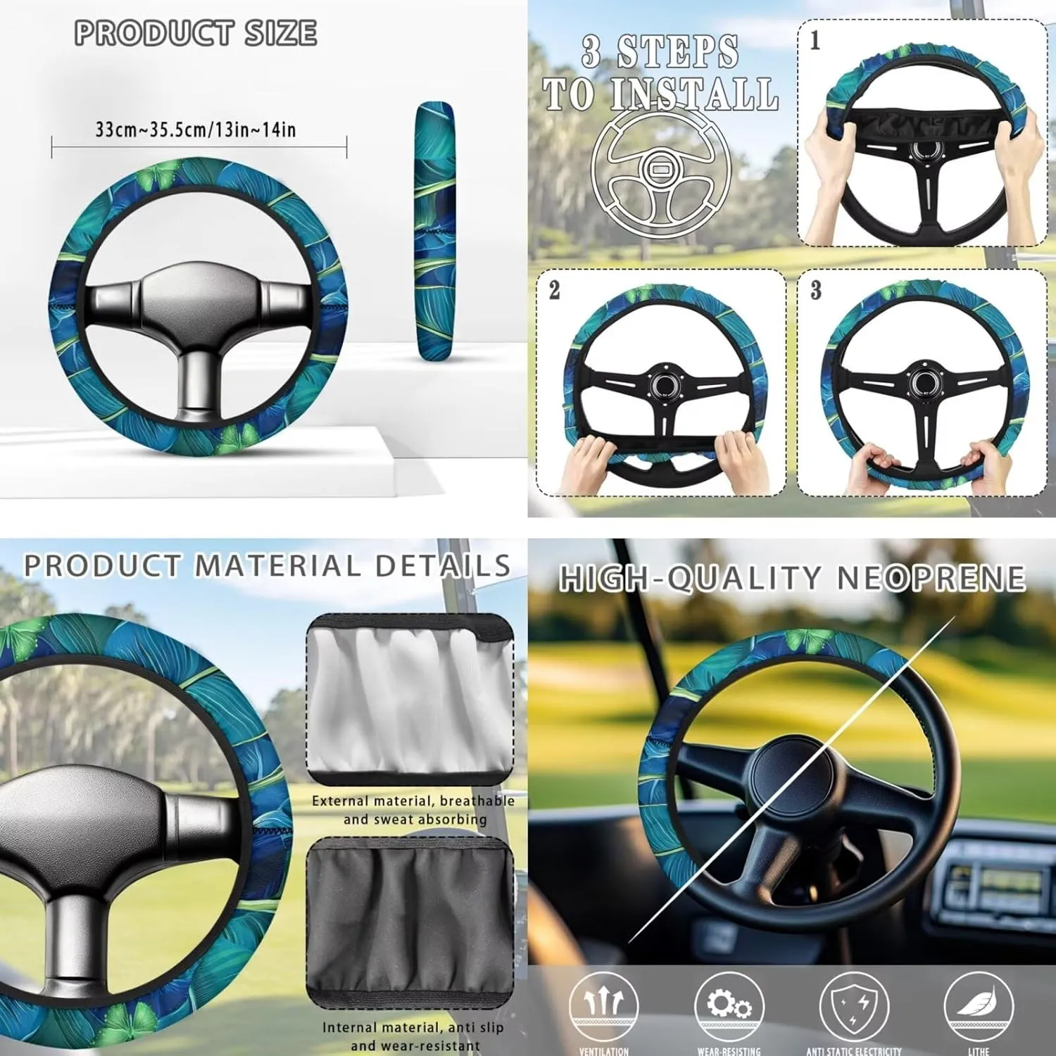 Palm Leaf Golf Cart Seat Protector & Steering Wheel Guard Set - Shock-Absorbing Anti-Slip Year-Round Use Fits 13-14" Steering Wheels Golf Cart Accessories