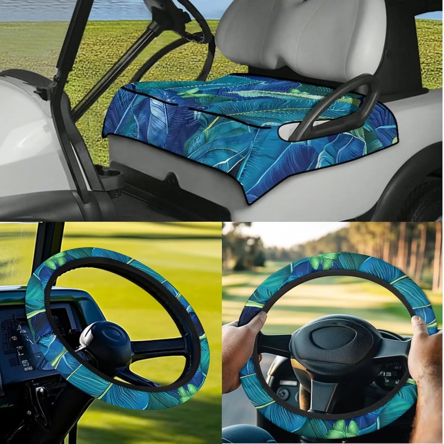Palm Leaf Golf Cart Seat Protector & Steering Wheel Guard Set - Shock-Absorbing Anti-Slip Year-Round Use Fits 13-14" Steering Wheels Golf Cart Accessories