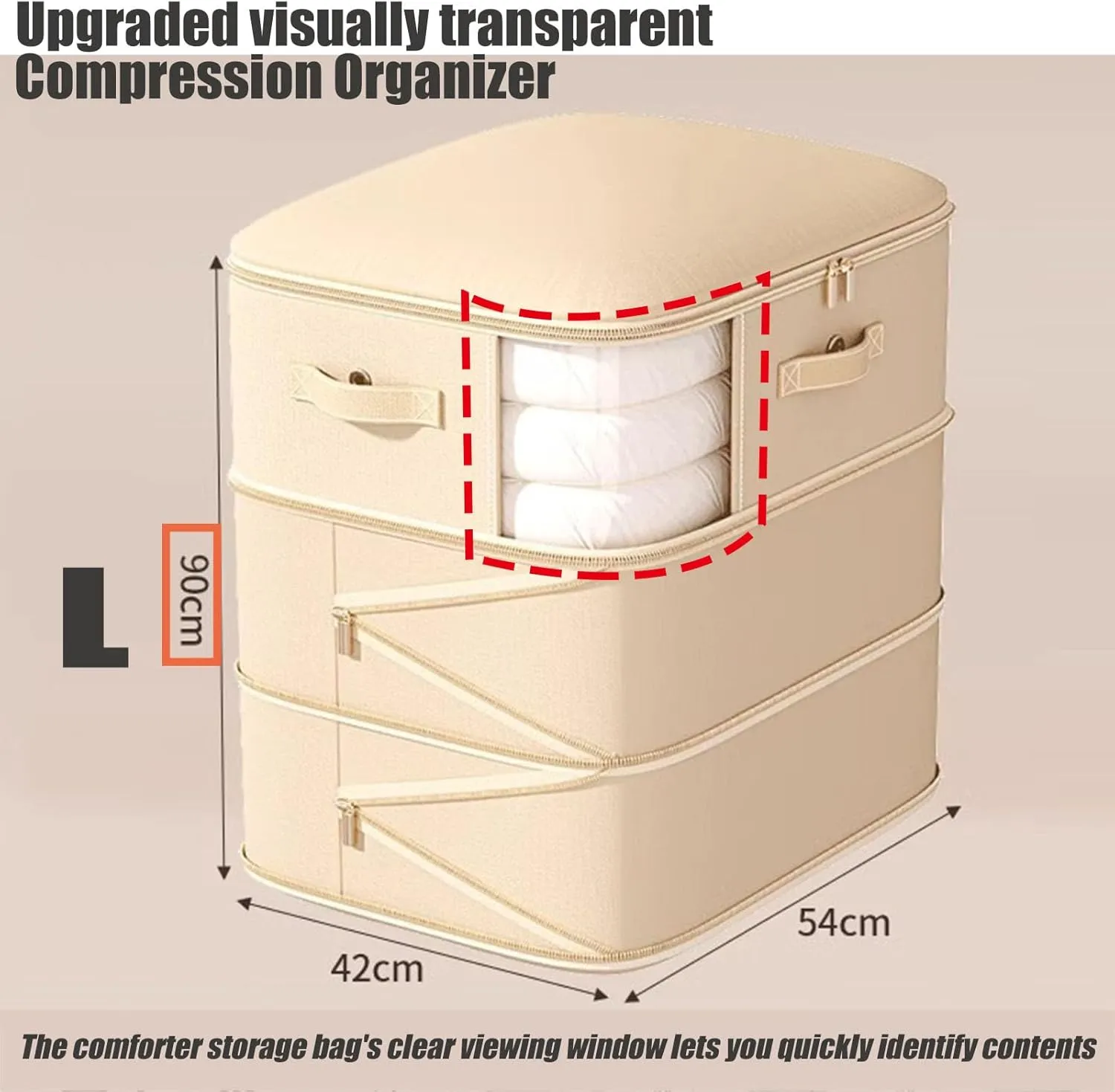 Peliaral Upgraded Visible Quilt Compression Bag Ultra Space Saving Self Compression Organizer Plus Size, 3-Layer Washable Large Capacity Comforter Storage Bag (Beige,35 * 21 * 167in)