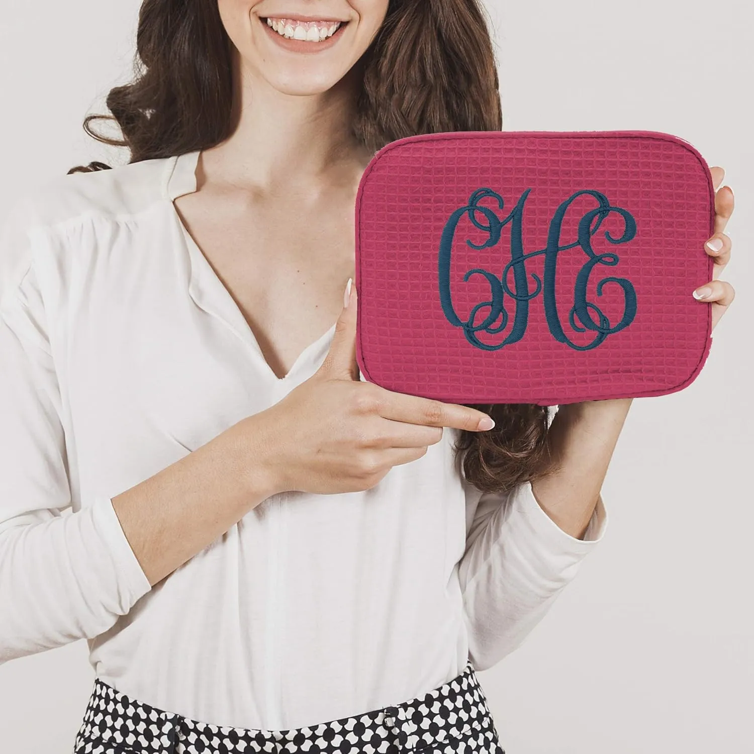 Personalized Makeup Bag - Bridesmaid Make Up Cosmetic Case - Monogrammed and Embroidered (Hot Pink)