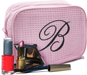 Personalized Waffle Makeup Bag - Monogrammed Cosmetic Make Up Travel Train Case - Custom Embroidered (Pink)