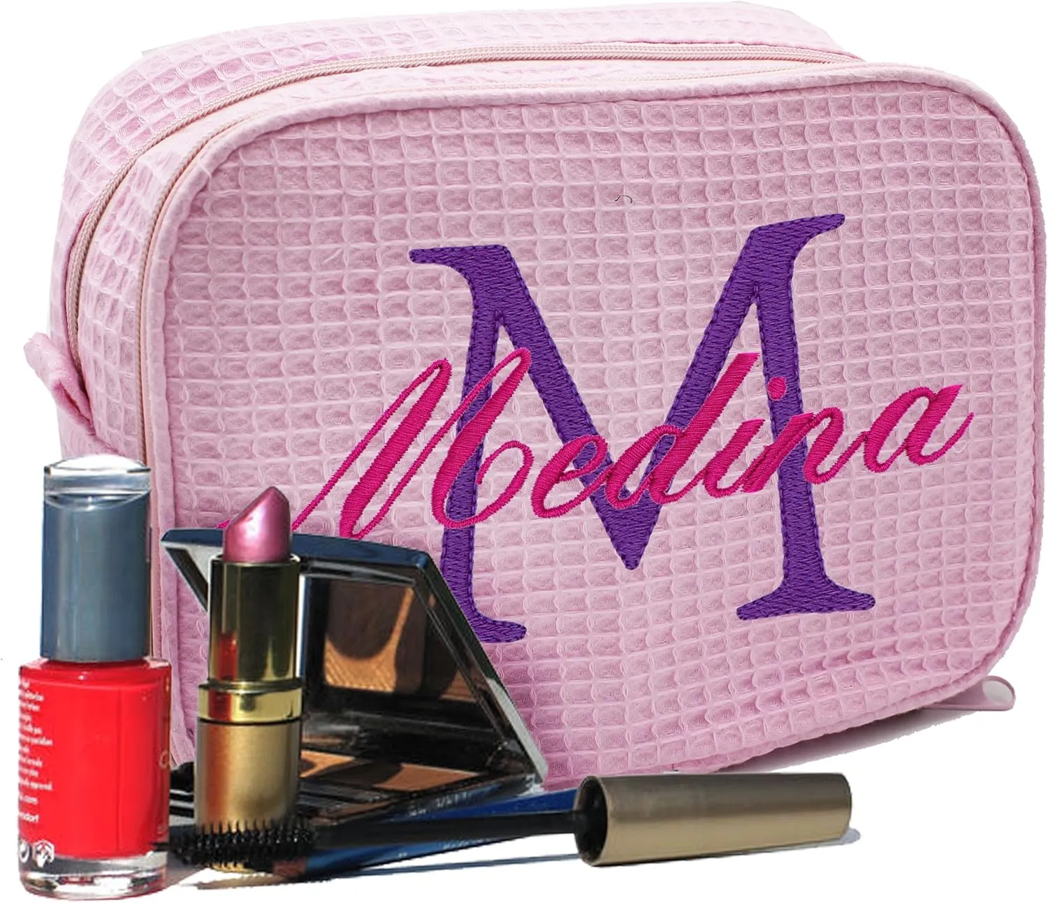 Personalized Waffle Makeup Bag - Monogrammed Cosmetic Make Up Travel Train Case - Custom Embroidered (Pink)