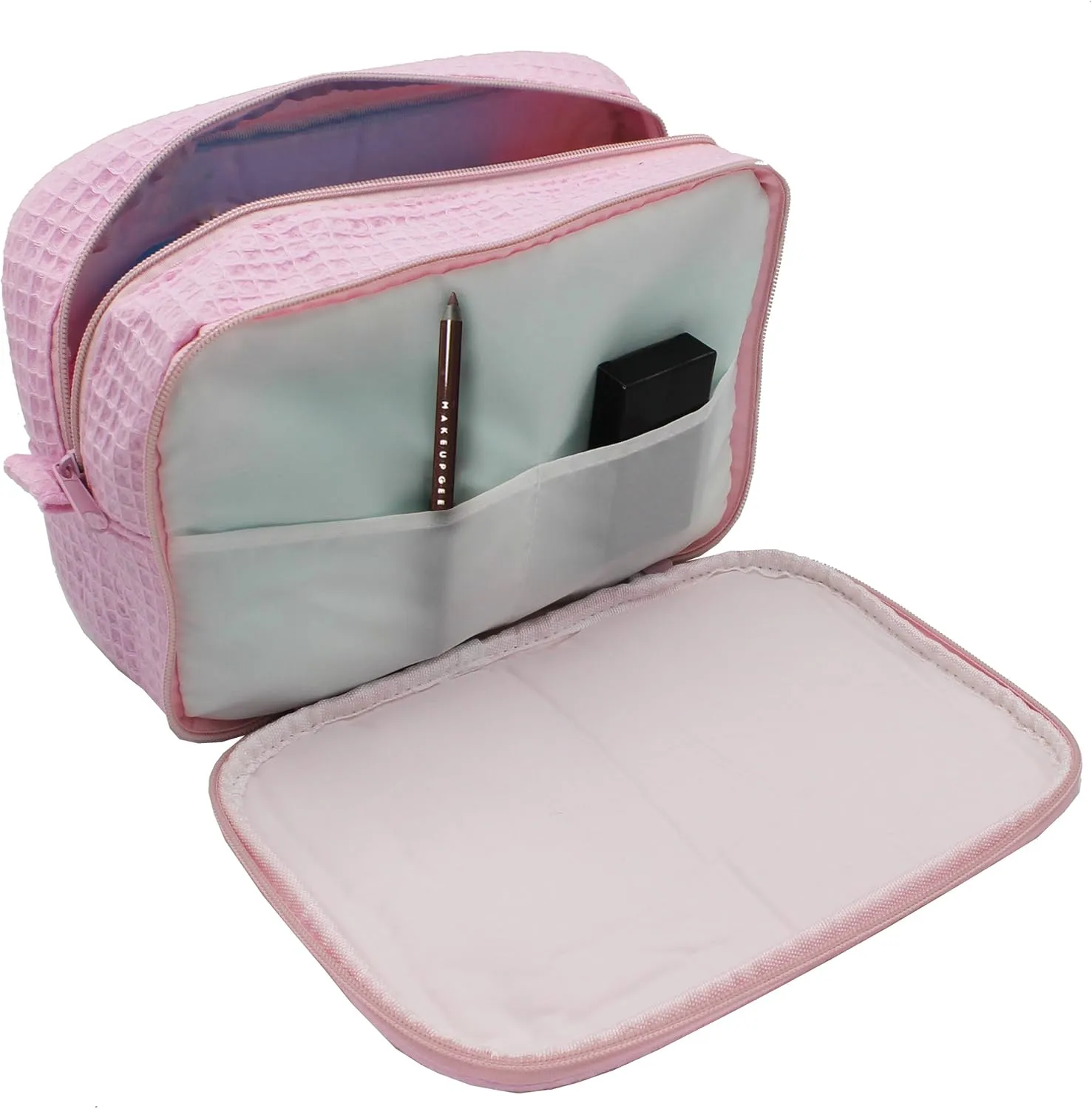 Personalized Waffle Makeup Bag - Monogrammed Cosmetic Make Up Travel Train Case - Custom Embroidered (Pink)