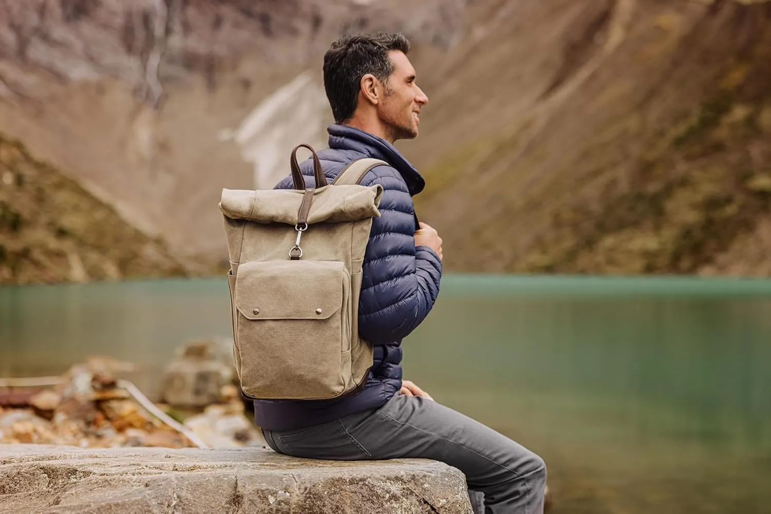 PICNIC TIME Carmel Roll Top Backpack Cooler, Canvas Insulated Cooler Backpack Bag for Lunch and Hiking, Portable Beach Cooler Bag, Picnic Bag