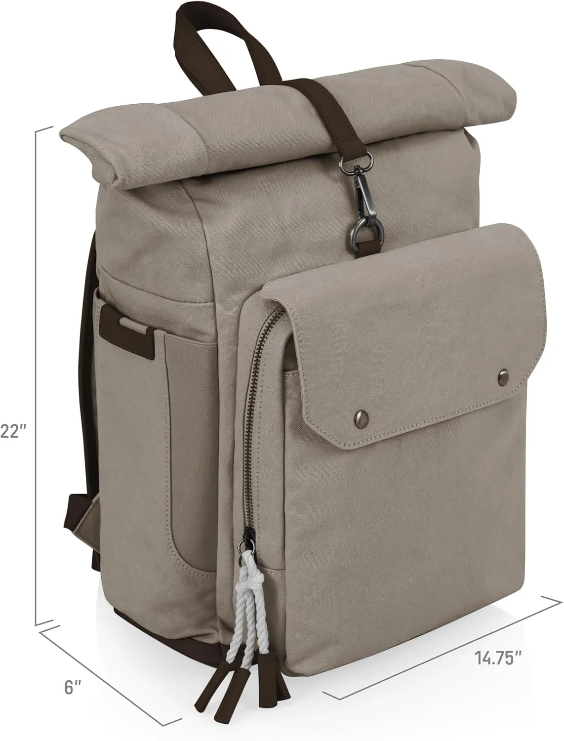 PICNIC TIME Carmel Roll Top Backpack Cooler, Canvas Insulated Cooler Backpack Bag for Lunch and Hiking, Portable Beach Cooler Bag, Picnic Bag