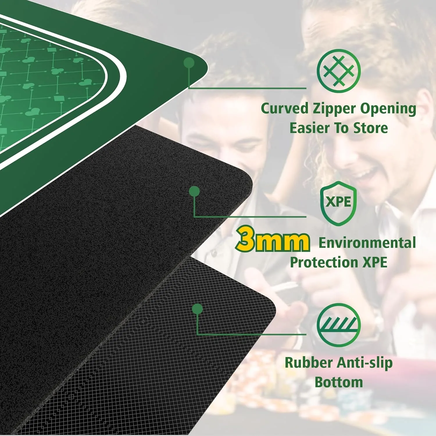 Poker Table Top Mat 70" X 35", 3mm Thickened Portable Texas Hold'em Casino Table Topper with Zipper Bag, 8 Coasters, 8 Hand Ranking Cards for Home Games Nights