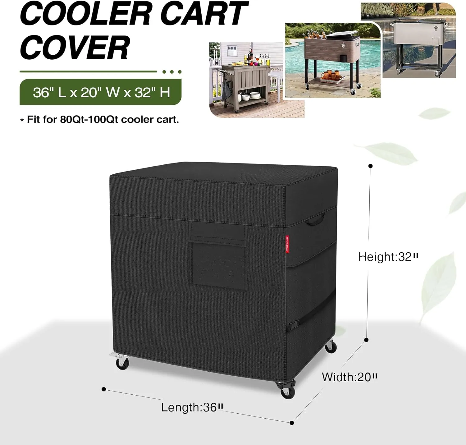 Porch Shield Waterproof Rolling 80-100 Qt Cooler Cart Cover Fits Most Patio Ice Chest Party Cooler (Black, 36"L x 20"W x 32"H)