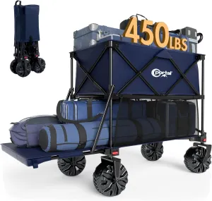 PORTAL 400L Collapsible Double Decker Wagon, Folding Wagon Cart with Tailgate, Beach Wagon with Big Wheels, 450LB Heavy Duty Foldable Wagon, Large Capacity Wagon for Camping, Sports, Garden, Baseball