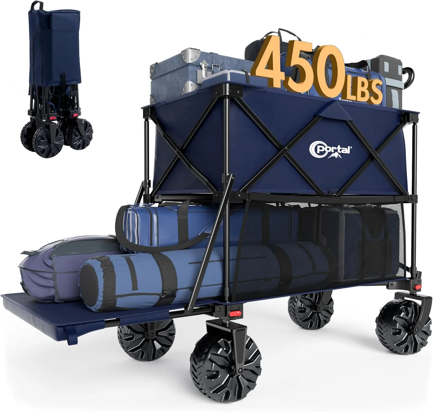 PORTAL 400L Collapsible Double Decker Wagon, Folding Wagon Cart with Tailgate, Beach Wagon with Big Wheels, 450LB Heavy Duty Foldable Wagon, Large Capacity Wagon for Camping, Sports, Garden, Baseball