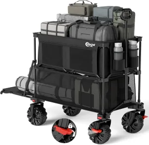 PORTAL 400L Large Capacity Collapsible Double Decker Wagon with Brakes, 450LB Heavy Duty Folding Cart with Tailgate, Foldable Utility Wagons for Camping, Beach, Garden, Sports, Shopping