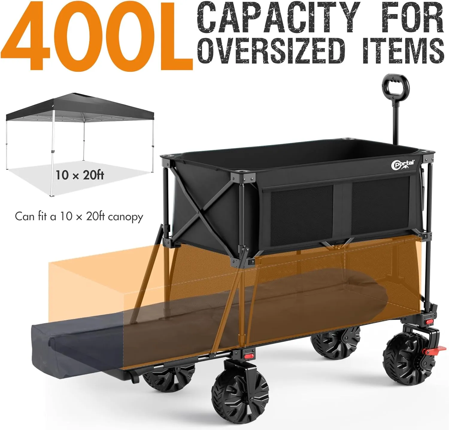 PORTAL 400L Large Capacity Collapsible Double Decker Wagon with Brakes, 450LB Heavy Duty Folding Cart with Tailgate, Foldable Utility Wagons for Camping, Beach, Garden, Sports, Shopping