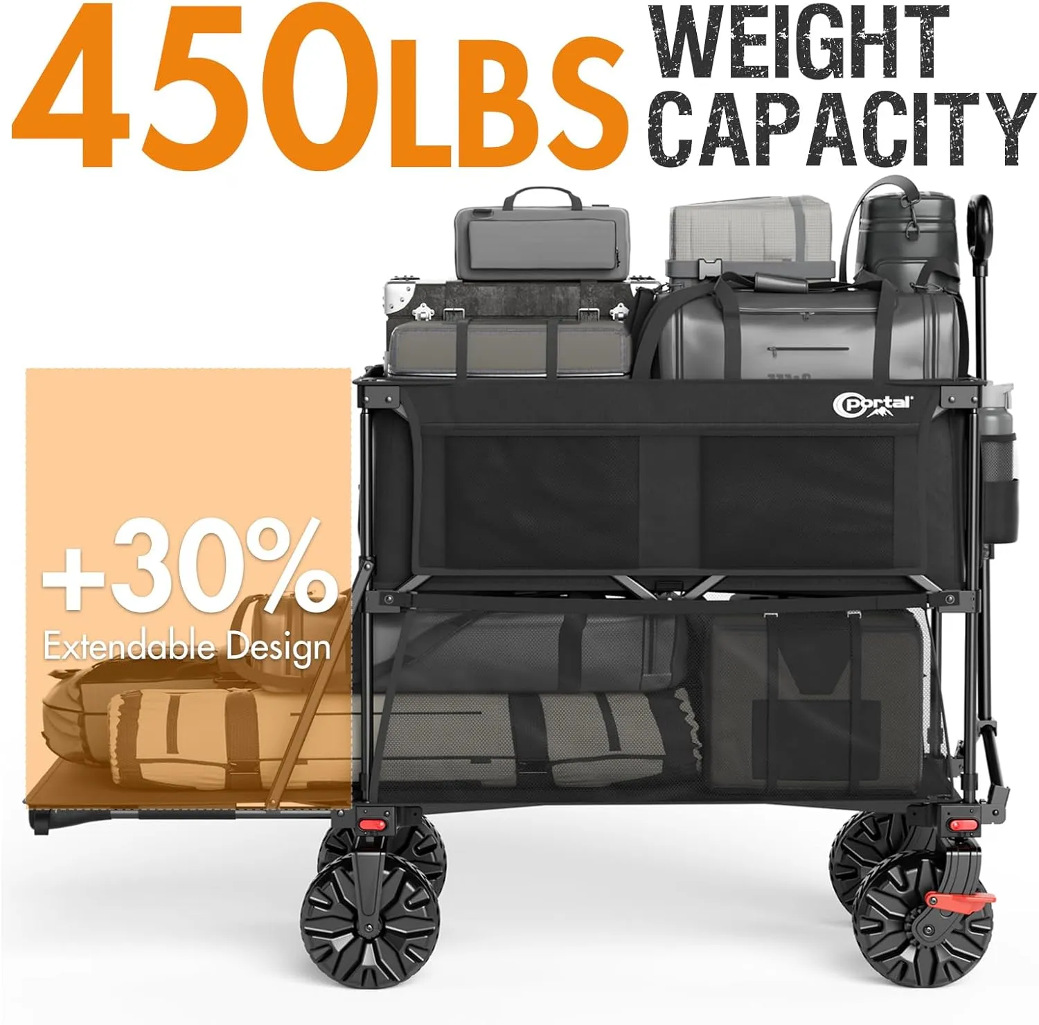 PORTAL 400L Large Capacity Collapsible Double Decker Wagon with Brakes, 450LB Heavy Duty Folding Cart with Tailgate, Foldable Utility Wagons for Camping, Beach, Garden, Sports, Shopping