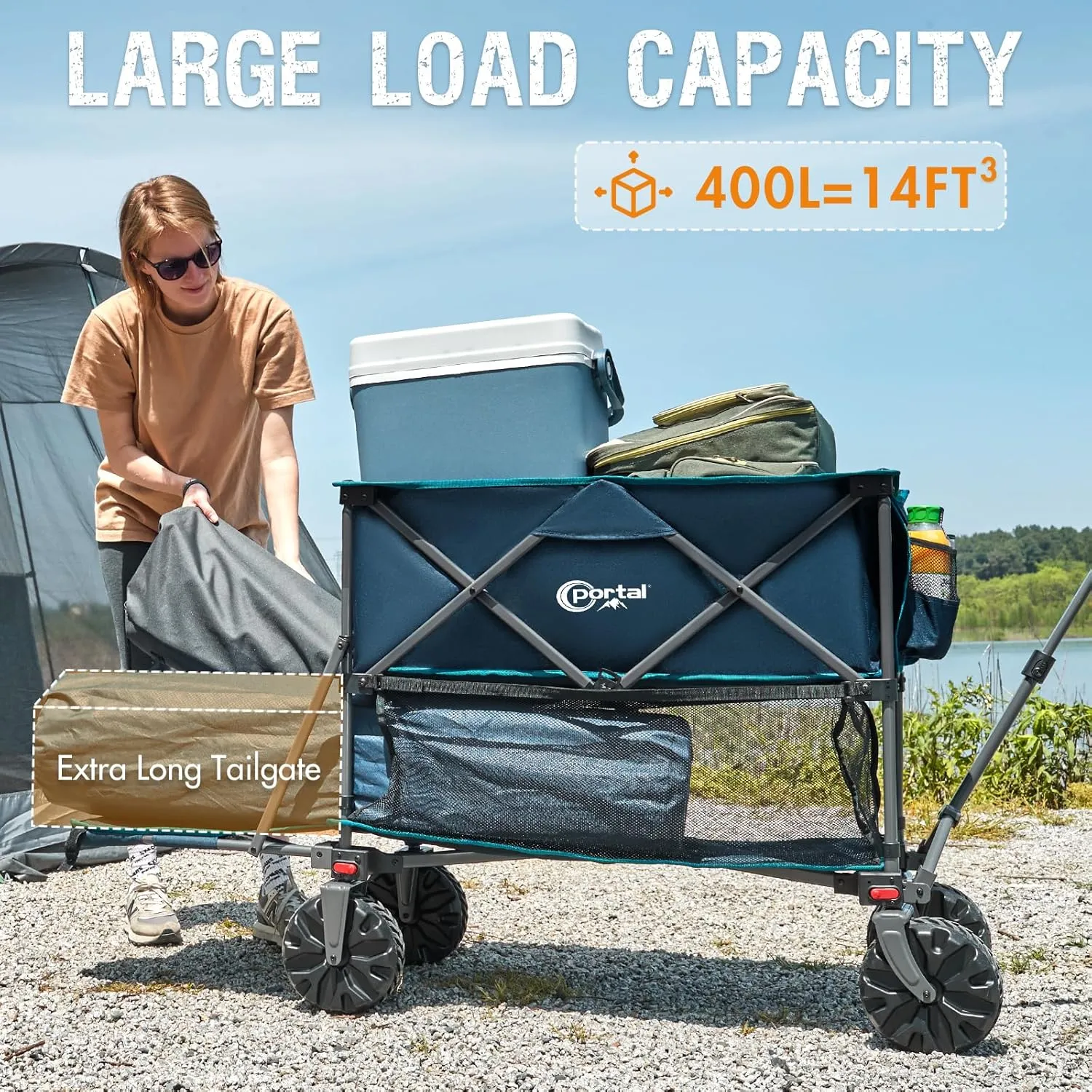 PORTAL Collapsible Double Decker Folding Wagon, Beach Cart with Tailgate, Big Wheels, 450LB Heavy Duty 14 FT Foldable Wagon for Camping, Sports, Garden, Shopping