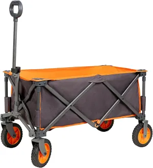 PORTAL Collapsible Folding Wagon, Push Pull Foldable Beach Wagon Cart with All-Terrain Wheels, Heavy Duty Utility Grocery Wagon for Outdoor Camping Garden Sport Shopping, Holds 225 lbs, Grey/Orange