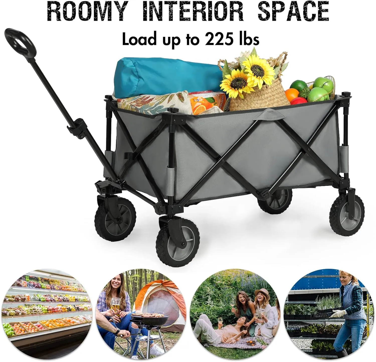 PORTAL Collapsible Wagon Cart, Heavy Duty Foldable Wagon Carts with Wheels, Folding Utility Wagon for Camping, Shopping, Garden, Sports, Apartment, Outdoor, Beach